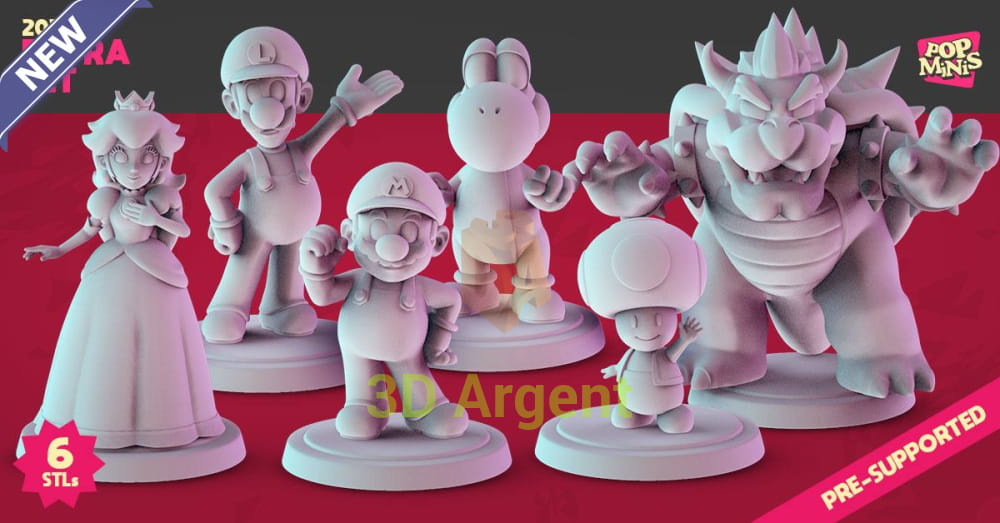 Super Mario Pop Minis 2025 Extra Set — unofficial fan-art resin miniatures group shot of Peach, Luigi, Mario, Yoshi, Toad and Bowser, pre-supported