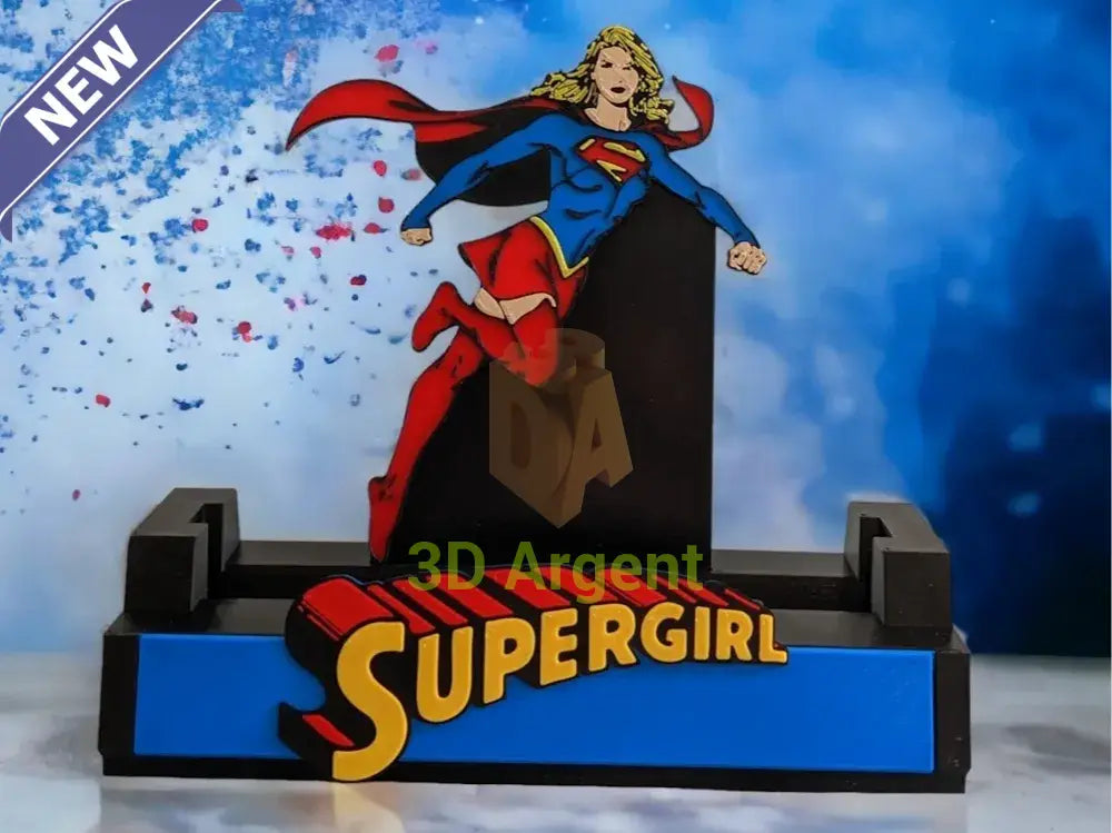 Supergirl comic display stand, black base with multi-colour Supergirl character design and SUPERGIRL wordmark on blue plaque