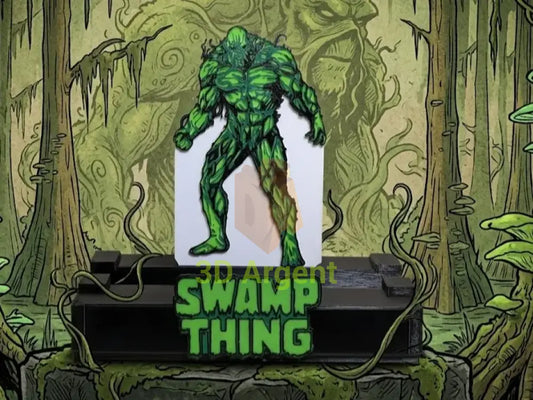 Swamp Thing comic display stand with printed character backdrop panel and green Swamp Thing wordmark base