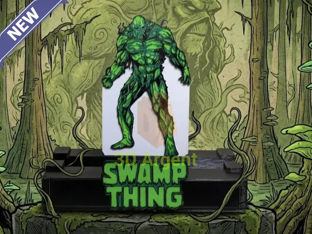 Swamp Thing comic display stand with printed character backdrop panel and green Swamp Thing wordmark base