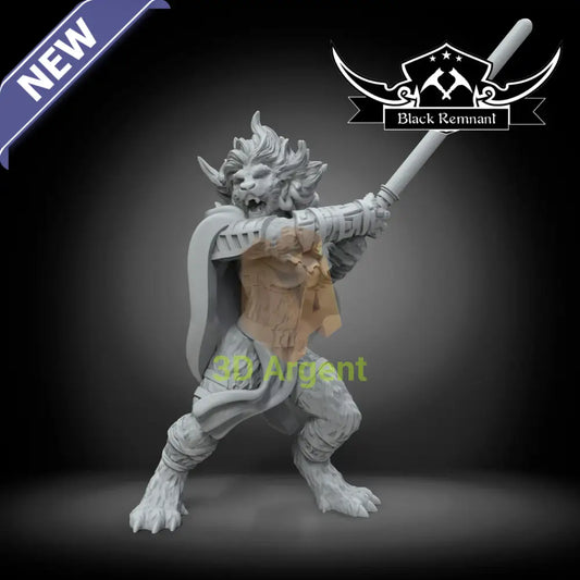 Sylvar Black Remnant resin miniature, unpainted, feline warrior in combat pose