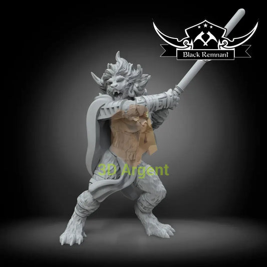 Sylvar Black Remnant resin miniature, unpainted, feline warrior in combat pose