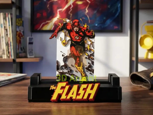 The Flash comic display stand with a full-colour printed Flash character backdrop panel and yellow The Flash wordmark base