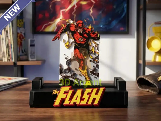 The Flash comic display stand with a full-colour printed Flash character backdrop panel and yellow The Flash wordmark base
