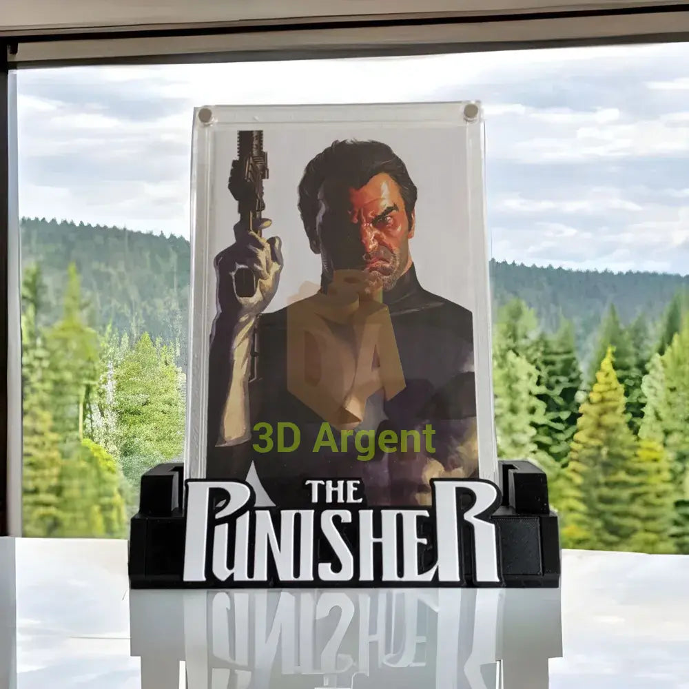 The Punisher comic display stand holding a raw comic book on a windowsill