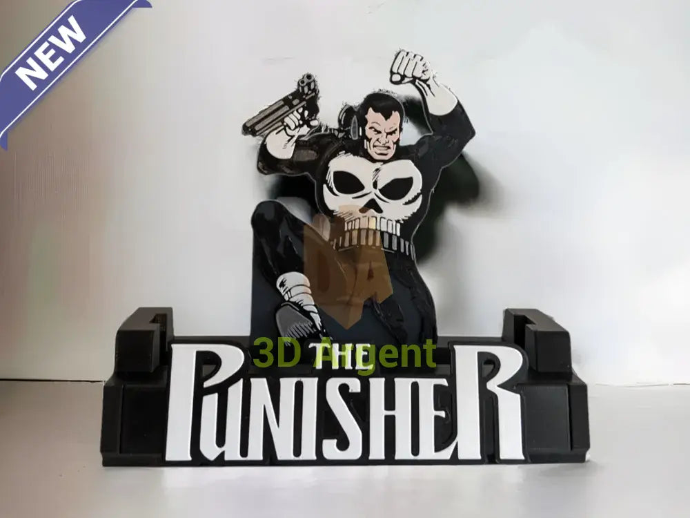 The Punisher comic display stand with detailed black and white illustration panel and THE PUNISHER wordmark base