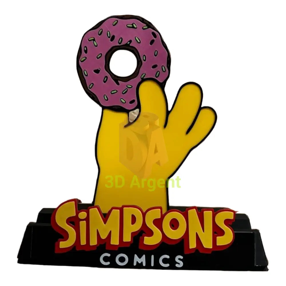 Close-up front view of the Simpsons comic display stand showing the hand-and-donut design and wordmark