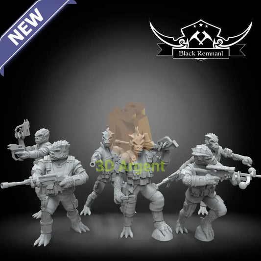 Trandoshan Warriors Black Remnant resin miniature squad, five reptilian humanoid figures with mixed pistols and rifles