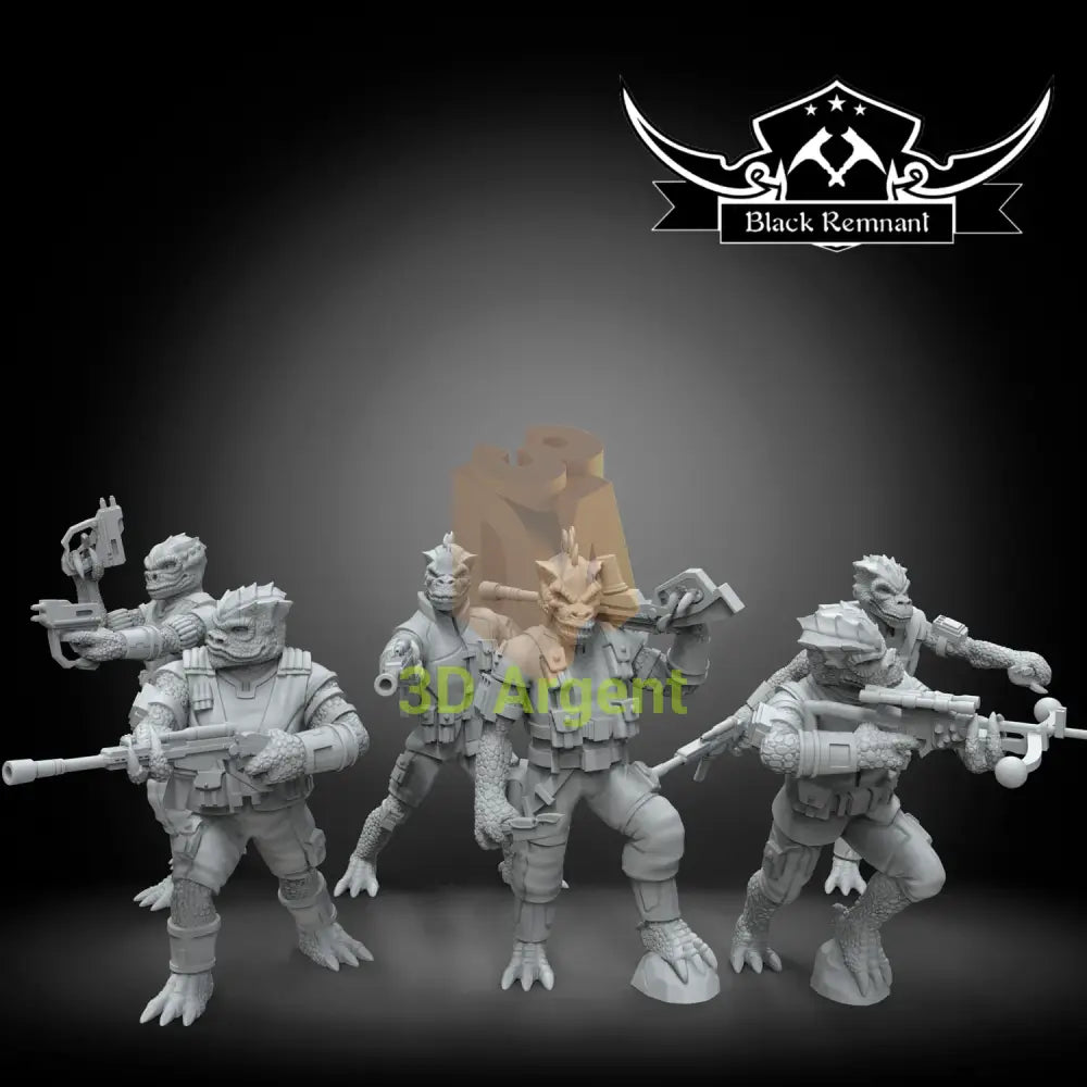 Trandoshan Warriors Black Remnant resin miniature squad, five reptilian humanoid figures with mixed pistols and rifles