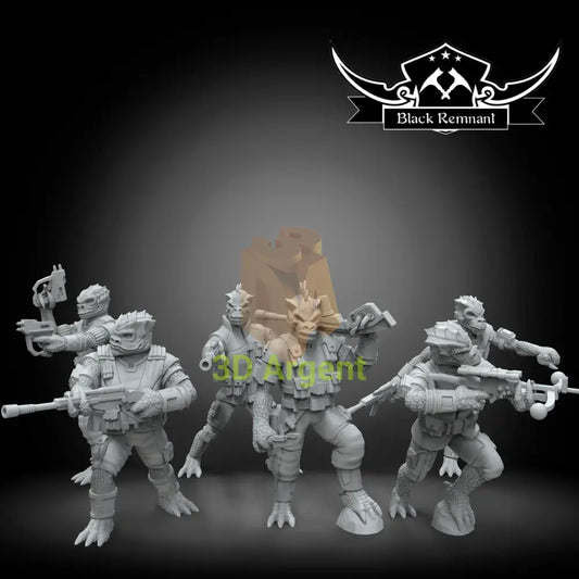 Trandoshan Warriors Black Remnant resin miniature squad, five reptilian humanoid figures with mixed pistols and rifles