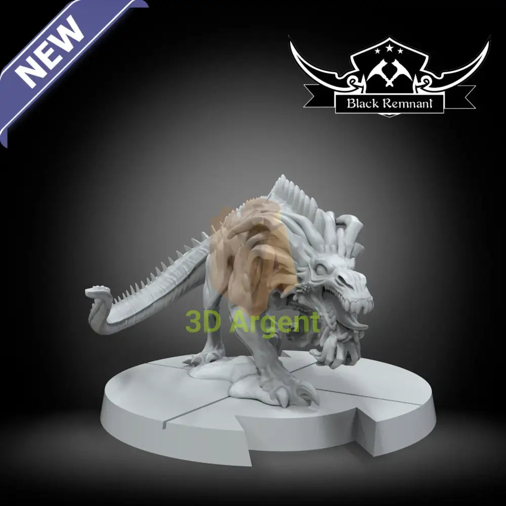 Unpainted grey resin preview render of the Black Remnant Tuk'ata Sith hound miniature in a prowling pose on a cracked round base