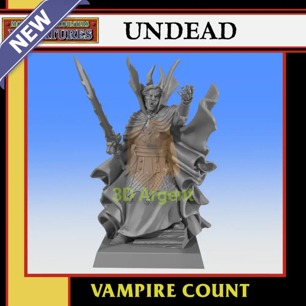 Vampire Count 2 32mm undead resin miniature render, a vampire lord with a raised sword, clawed hand and flowing high-collared cape on a square base