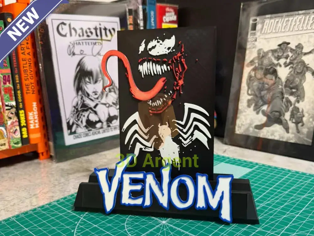 Venom comic display stand, black base with multi-colour Venom face design and VENOM wordmark