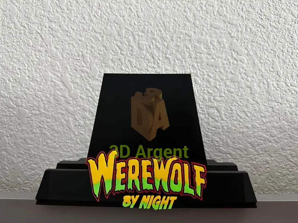 Werewolf by Night comic display stand, alternate yellow and green wordmark colourway