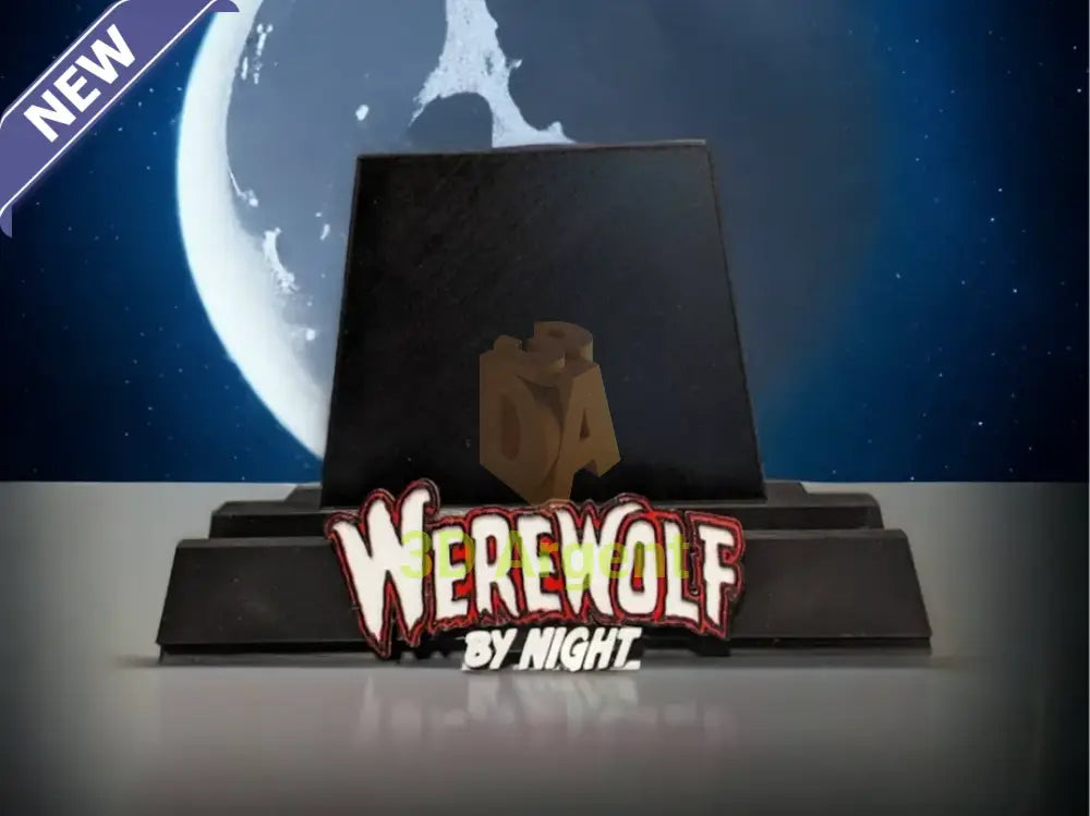 Werewolf by Night comic display stand with WEREWOLF BY NIGHT wordmark base, black backdrop panel