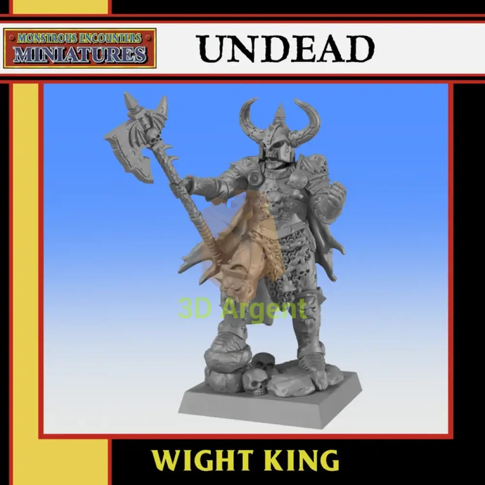 Unpainted 32mm Monstrous Encounters Wight King resin miniature render, horned skull helm, raised axe, standing on a skull