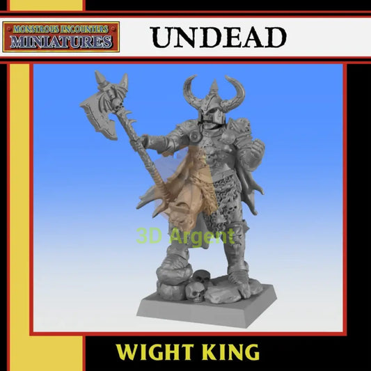 Unpainted 32mm Monstrous Encounters Wight King resin miniature render, horned skull helm, raised axe, standing on a skull