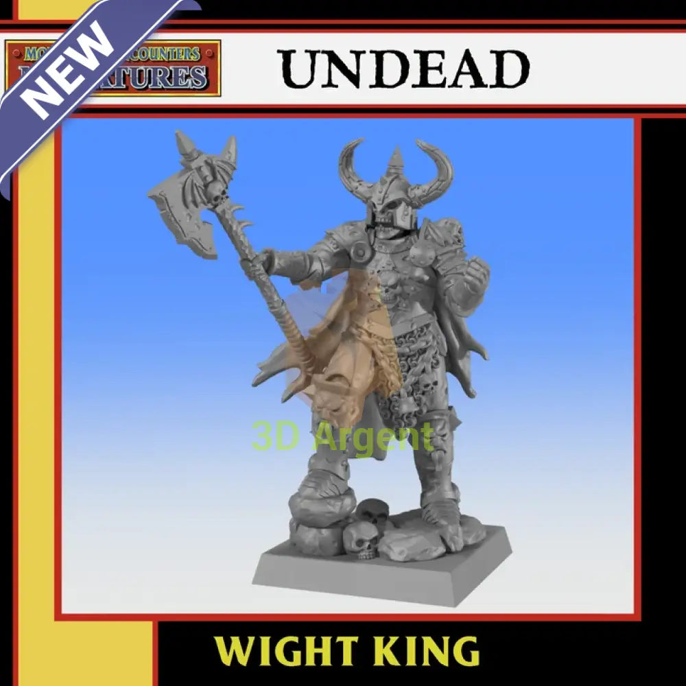 Unpainted 32mm Monstrous Encounters Wight King resin miniature render, horned skull helm, raised axe, standing on a skull