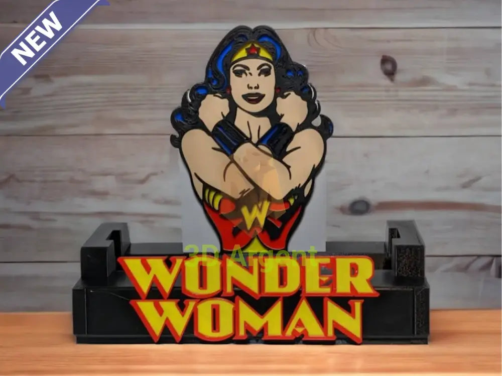 Wonder Woman comic display stand with detailed multi-colour Wonder Woman figure and WONDER WOMAN wordmark base
