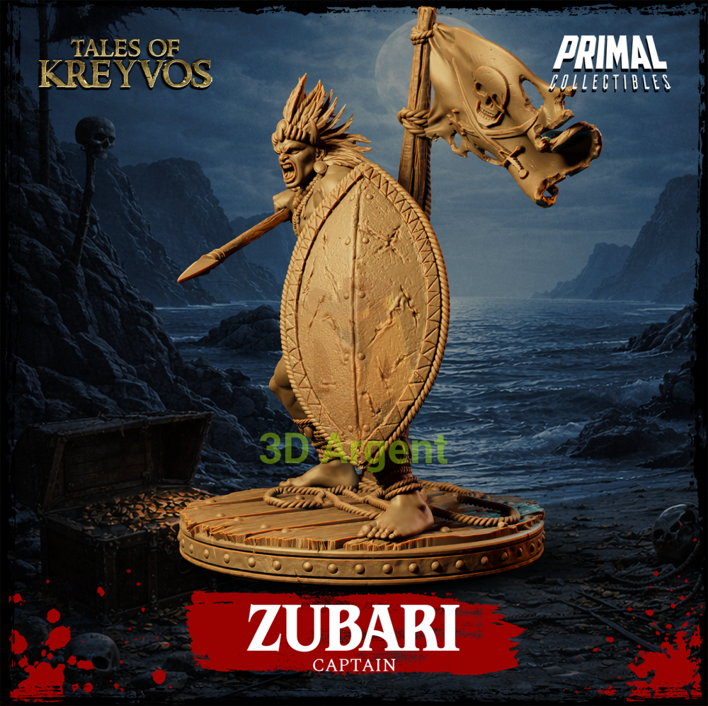 Zubari the Captain resin miniature — three-quarter view showing shield and banner detail