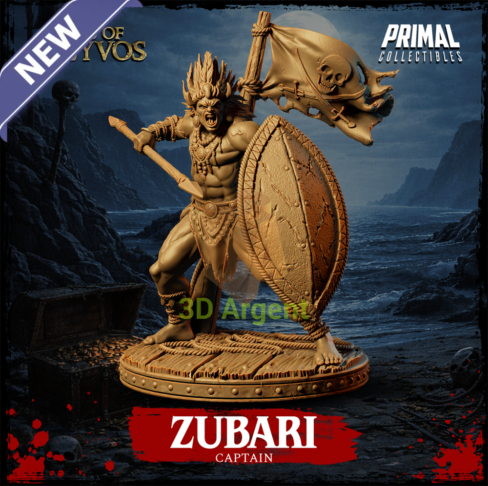 Zubari the Captain resin miniature — front view with spear, tall shield, and pirate banner on a wooden dock base