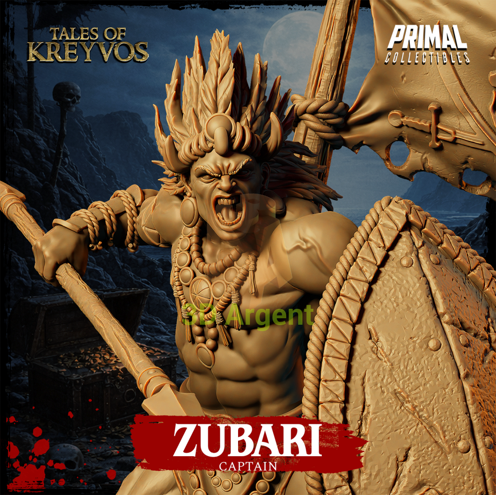 Zubari the Captain resin miniature — close-up hero shot showing spiked hair, hoop earrings, and beaded necklaces